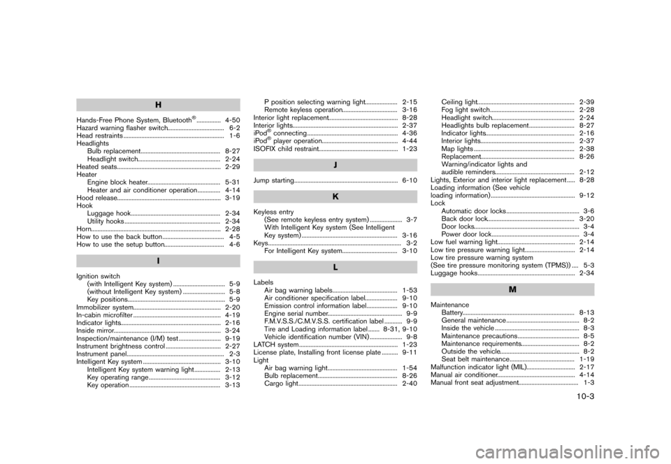 NISSAN CUBE 2013 3.G Owners Manual Black plate (323,1)
[ Edit: 2012/ 7/ 19 Model: Z12-D ]
H
Hands-Free Phone System, Bluetooth®...
............... 4-50
Hazard warning flasher switch ...
................................... 6-2
Head res