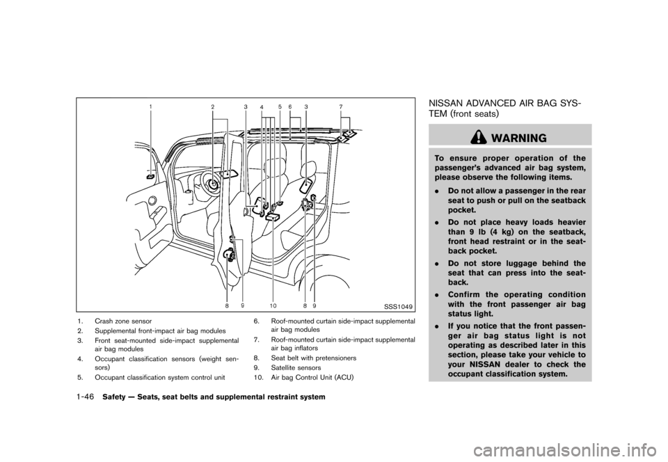 NISSAN CUBE 2013 3.G Repair Manual Black plate (62,1)
[ Edit: 2012/ 7/ 19 Model: Z12-D ]
1-46Safety — Seats, seat belts and supplemental restraint system
SSS1049
1. Crash zone sensor
2. Supplemental front-impact air bag modules
3. Fr