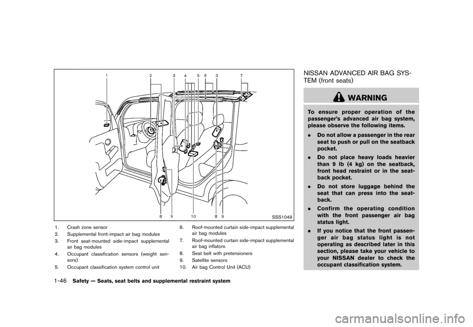 NISSAN CUBE 2013 3.G Owners Manual Black plate (62,1)
[ Edit: 2012/ 7/ 19 Model: Z12-D ]
1-46Safety — Seats, seat belts and supplemental restraint system
SSS1049
1. Crash zone sensor
2. Supplemental front-impact air bag modules
3. Fr