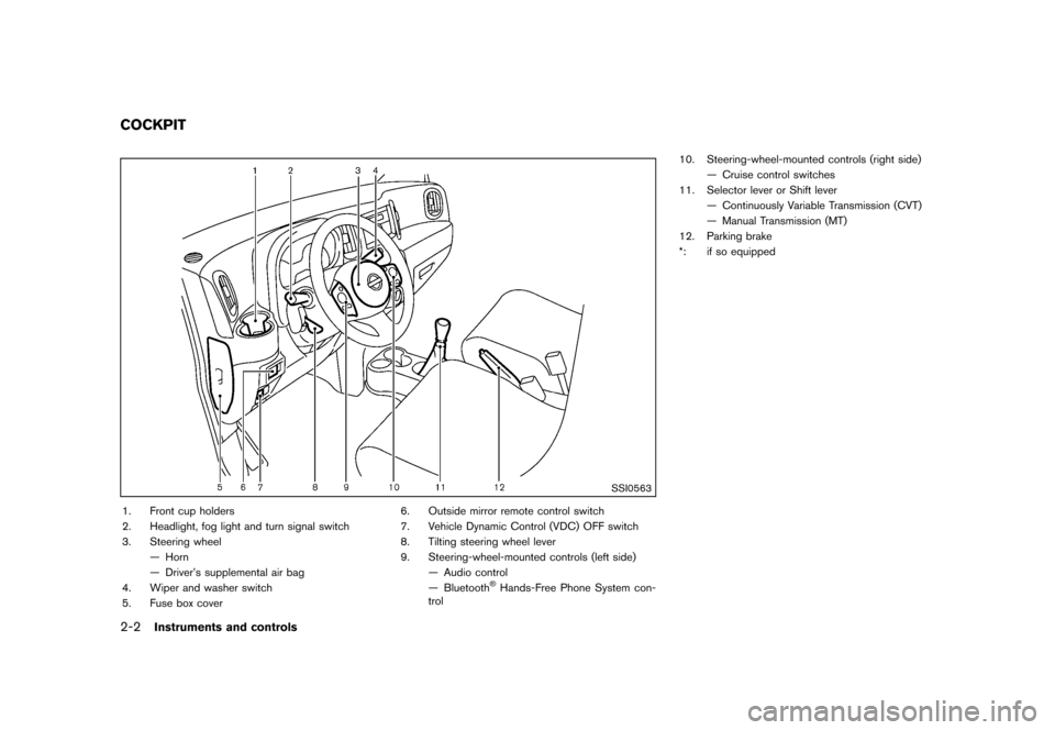 NISSAN CUBE 2013 3.G Owners Manual Black plate (74,1)
[ Edit: 2012/ 7/ 19 Model: Z12-D ]
2-2Instruments and controls
GUID-D39D3E05-1287-4630-BB8B-5DBFF20D07E0
SSI0563
1. Front cup holders
2. Headlight, fog light and turn signal switch

