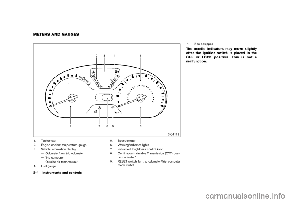 NISSAN CUBE 2013 3.G Owners Manual Black plate (76,1)
[ Edit: 2012/ 7/ 19 Model: Z12-D ]
2-4Instruments and controls
GUID-2F413D3E-B2C9-4243-A4AA-637B6452E2FB
SIC4119
1. Tachometer
2. Engine coolant temperature gauge
3. Vehicle informa