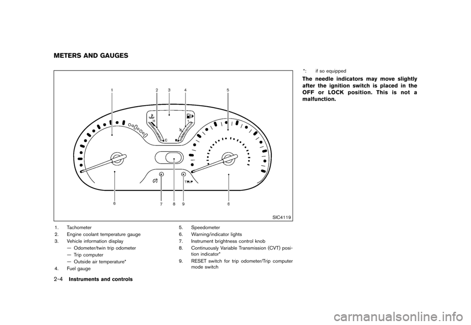 NISSAN CUBE 2013 3.G Service Manual Black plate (76,1)
[ Edit: 2012/ 7/ 19 Model: Z12-D ]
2-4Instruments and controls
GUID-2F413D3E-B2C9-4243-A4AA-637B6452E2FB
SIC4119
1. Tachometer
2. Engine coolant temperature gauge
3. Vehicle informa