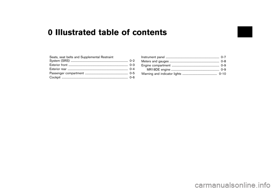 NISSAN CUBE 2013 3.G Owners Manual Black plate (7,1)
[ Edit: 2012/ 7/ 19 Model: Z12-D ]
0 Illustrated table of contents
Seats, seat belts and Supplemental Restraint
System (SRS)...
......................................................