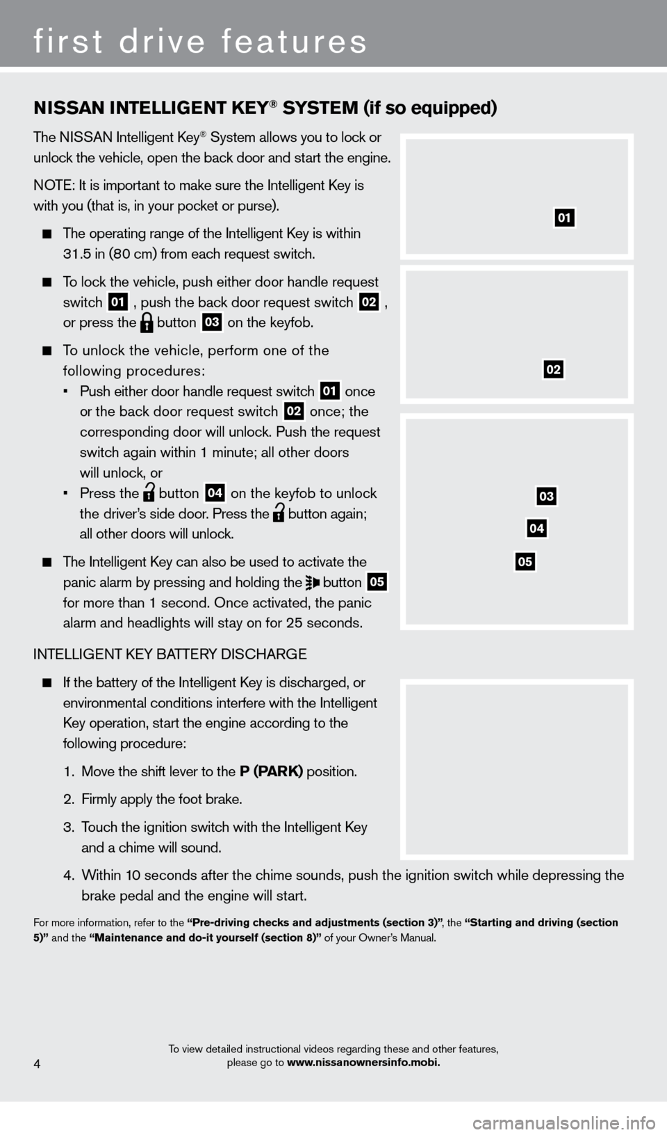 NISSAN CUBE 2013 3.G Quick Reference Guide NISSaN INTeLLIGeNT KeY® SYSTeM (if so equipped)
The NISSAN Intelligent key® System allows you to lock or 
unlock the vehicle, open the back door and start the engine.
NOTE: It is important to make s