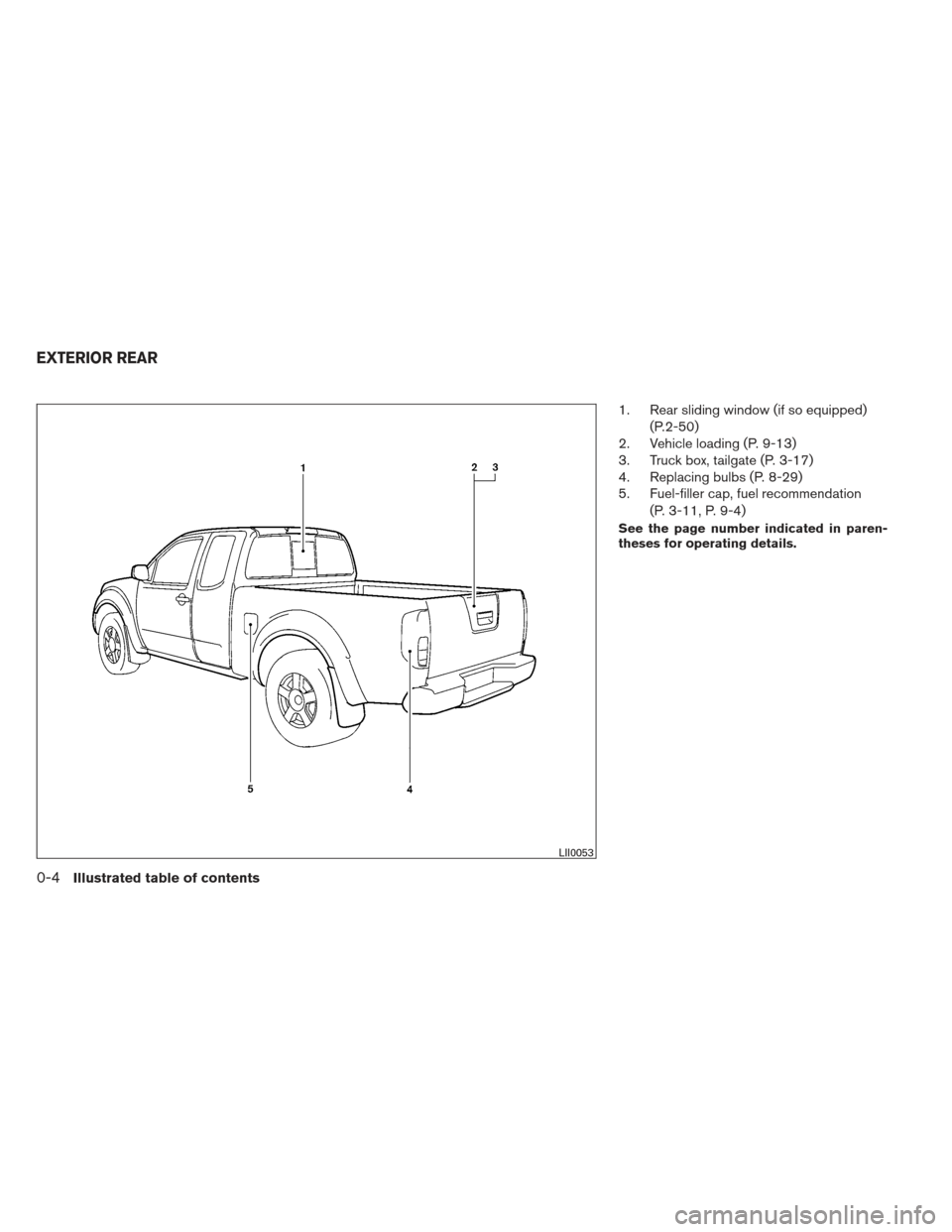 NISSAN FRONTIER 2013 D40 / 2.G User Guide 1. Rear sliding window (if so equipped)(P.2-50)
2. Vehicle loading (P. 9-13)
3. Truck box, tailgate (P. 3-17)
4. Replacing bulbs (P. 8-29)
5. Fuel-filler cap, fuel recommendation
(P. 3-11, P. 9-4)
See NISSAN FRONTIER 2013 D40 / 2.G User Guide 1. Rear sliding window (if so equipped)(P.2-50)
2. Vehicle loading (P. 9-13)
3. Truck box, tailgate (P. 3-17)
4. Replacing bulbs (P. 8-29)
5. Fuel-filler cap, fuel recommendation
(P. 3-11, P. 9-4)
See