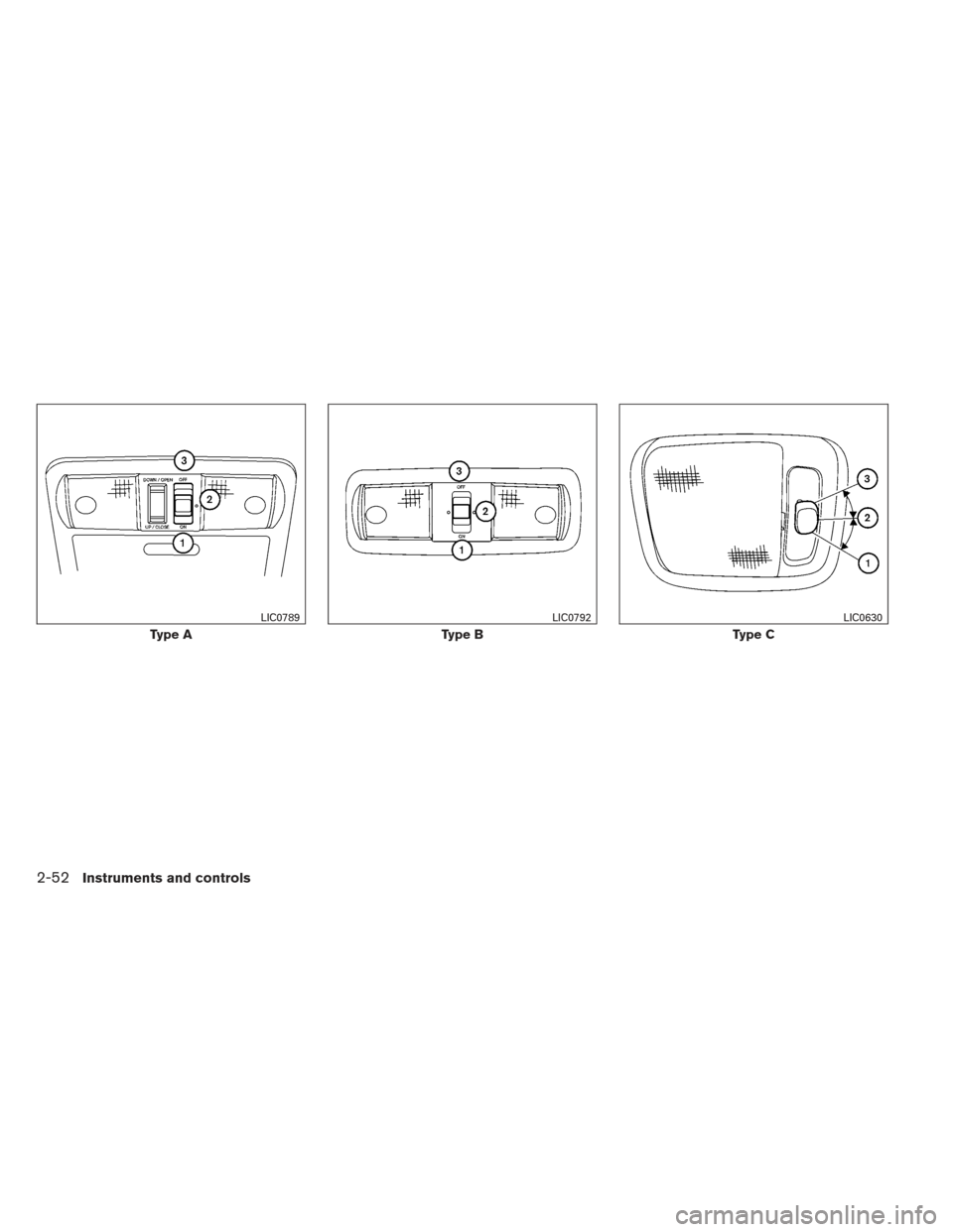 NISSAN FRONTIER 2013 D40 / 2.G Owners Manual Type A
LIC0789
Type B
LIC0792
Type C
LIC0630
2-52Instruments and controls 