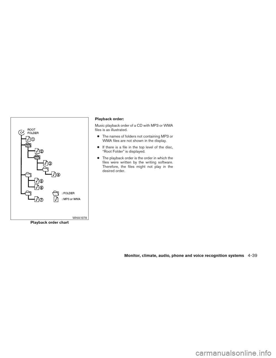 NISSAN FRONTIER 2013 D40 / 2.G Owners Manual Playback order:
Music playback order of a CD with MP3 or WMA
files is as illustrated.● The names of folders not containing MP3 or
WMA files are not shown in the display.
● If there is a file in th