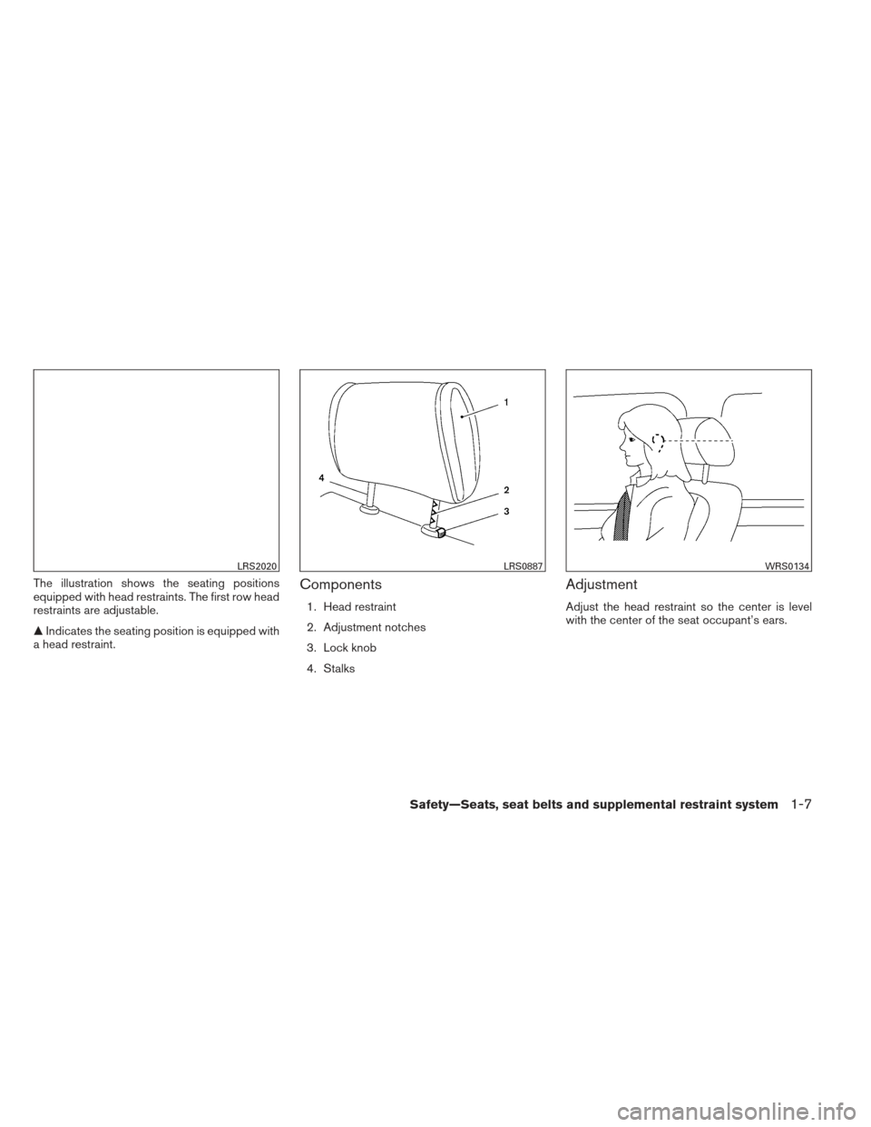 NISSAN FRONTIER 2013 D40 / 2.G Owners Manual The illustration shows the seating positions
equipped with head restraints. The first row head
restraints are adjustable.
Indicates the seating position is equipped with
a head restraint.Components
1