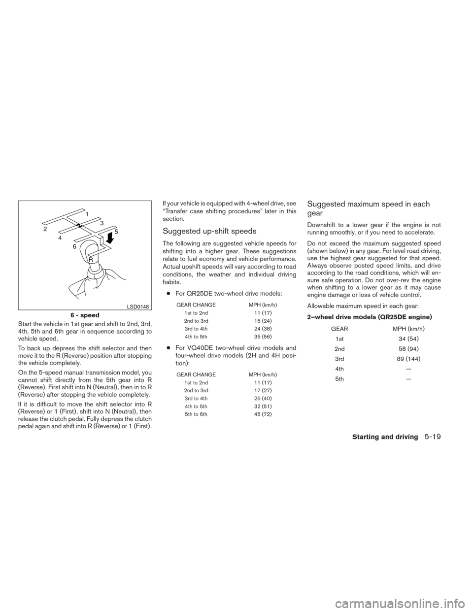 NISSAN FRONTIER 2013 D40 / 2.G Owners Manual Start the vehicle in 1st gear and shift to 2nd, 3rd,
4th, 5th and 6th gear in sequence according to
vehicle speed.
To back up depress the shift selector and then
move it to the R (Reverse) position af