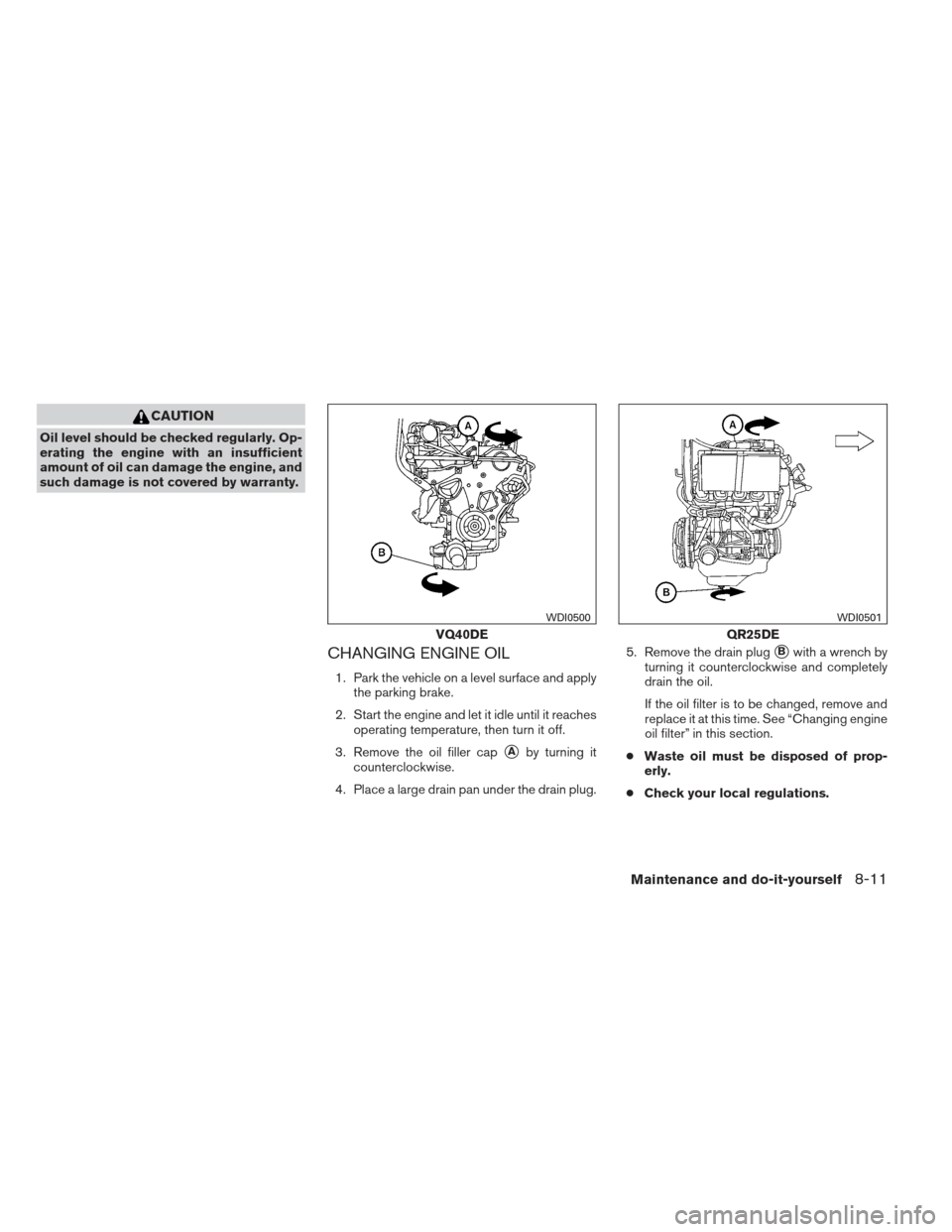 NISSAN FRONTIER 2013 D40 / 2.G Owners Guide CAUTION
Oil level should be checked regularly. Op-
erating the engine with an insufficient
amount of oil can damage the engine, and
such damage is not covered by warranty.
CHANGING ENGINE OIL
1. Park 