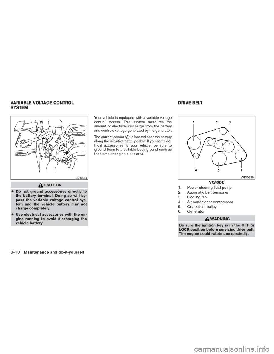 NISSAN FRONTIER 2013 D40 / 2.G Service Manual CAUTION
●Do not ground accessories directly to
the battery terminal. Doing so will by-
pass the variable voltage control sys-
tem and the vehicle battery may not
charge completely.
● Use electrica