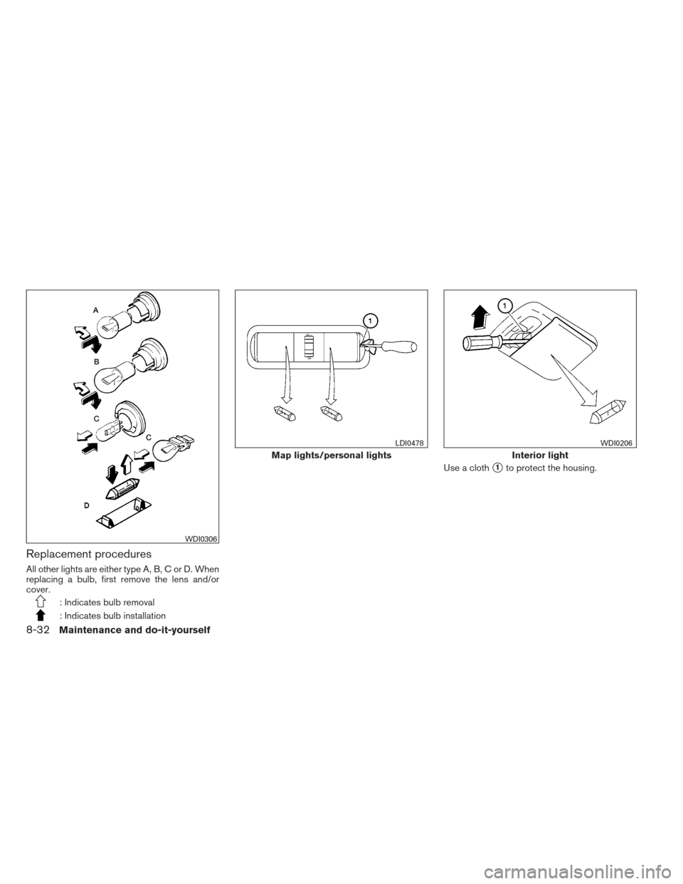 NISSAN FRONTIER 2013 D40 / 2.G Owners Manual Replacement procedures
All other lights are either type A, B, C or D. When
replacing a bulb, first remove the lens and/or
cover.
: Indicates bulb removal
: Indicates bulb installationUse a cloth
1to 