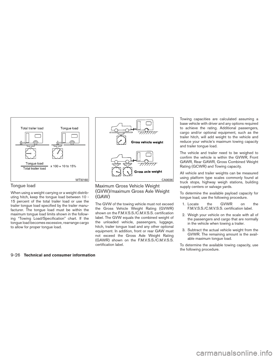 NISSAN FRONTIER 2013 D40 / 2.G Owners Manual Tongue load
When using a weight carrying or a weight distrib-
uting hitch, keep the tongue load between 10 -
15 percent of the total trailer load or use the
trailer tongue load specified by the traile