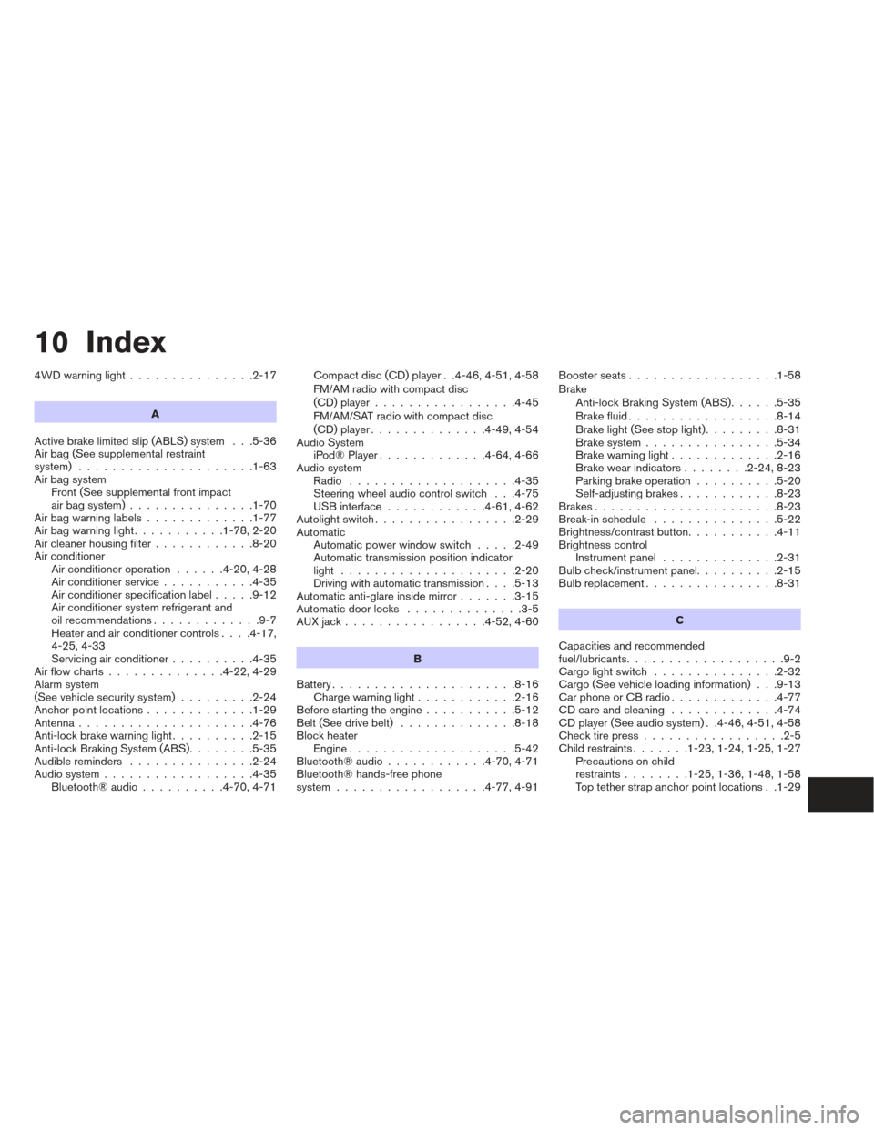 NISSAN FRONTIER 2013 D40 / 2.G Owners Manual 10 Index
4WDwarninglight...............2-17A
Active brake limited slip (ABLS) system . . .5-36
Air bag (See supplemental restraint
system) .....................1-63
Air bag system Front (See supplemen NISSAN FRONTIER 2013 D40 / 2.G Owners Manual 10 Index
4WDwarninglight...............2-17A
Active brake limited slip (ABLS) system . . .5-36
Air bag (See supplemental restraint
system) .....................1-63
Air bag system Front (See supplemen