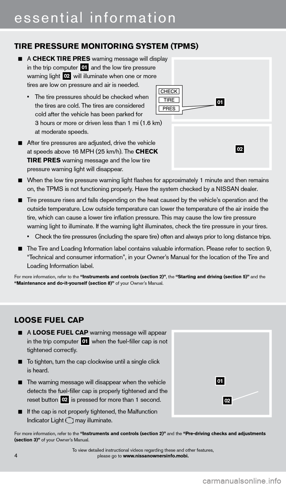 NISSAN FRONTIER 2013 D40 / 2.G Quick Reference Guide To view detailed instructional videos regarding these and other features, please go to www.nissanownersinfo.mobi.
essential information
TiRE PRESSURE Mo Ni To RiN G SYSTEM (TPMS)
    A CHECK T iR E PR