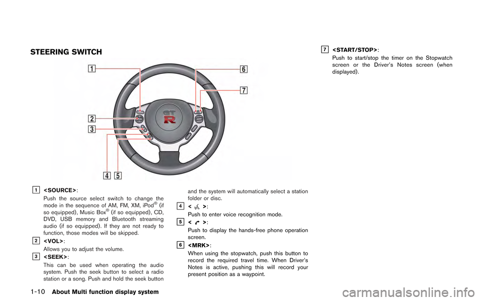 NISSAN GT-R 2013 R35 Multi Function Display Owners Manual 1-10About Multi function display system
STEERING SWITCH
&1<SOURCE>:
Push the source select switch to change the
mode in the sequence of AM, FM, XM, iPod
®(if
so equipped) , Music Box®(if so equipped