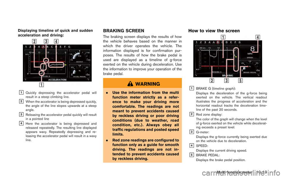 NISSAN GT-R 2013 R35 Multi Function Display Owners Manual Displaying timeline of quick and sudden
acceleration and driving:
&1Quickly depressing the accelerator pedal will
result in a steep climbing line.
&2When the accelerator is being depressed quickly,
th