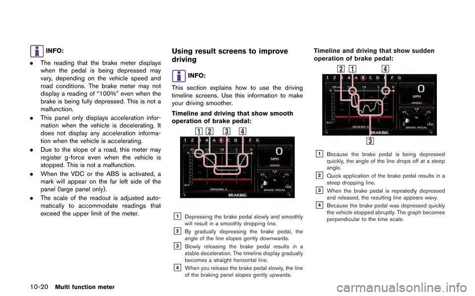NISSAN GT-R 2013 R35 Multi Function Display Owners Manual 10-20Multi function meter
INFO:
. The reading that the brake meter displays
when the pedal is being depressed may
vary, depending on the vehicle speed and
road conditions. The brake meter may not
disp