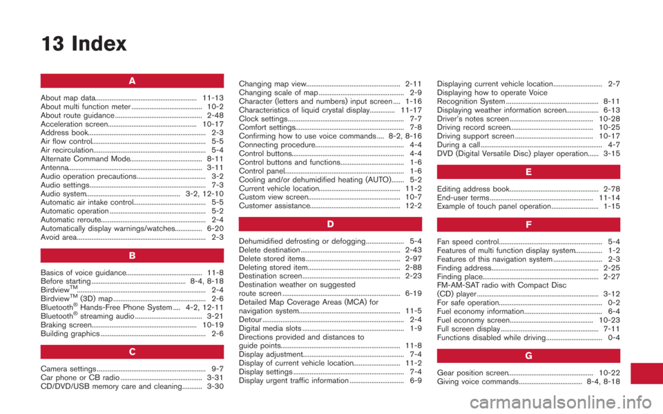 NISSAN GT-R 2013 R35 Multi Function Display Owners Manual 13 Index
A
About map data........................................................ 11-13
About multi function meter ....................................... 10-2
About route guidance ...................
