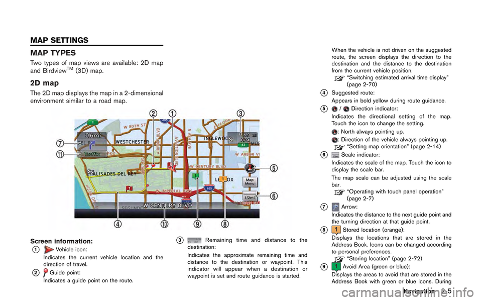 NISSAN GT-R 2013 R35 Multi Function Display Owners Manual MAP TYPES
Two types of map views are available: 2D map
and BirdviewTM(3D) map.
2D map
The 2D map displays the map in a 2-dimensional
environment similar to a road map.
Screen information:
*1Vehicle ic