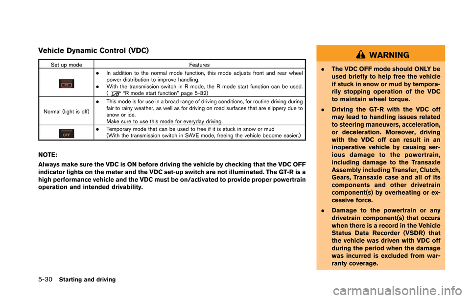 NISSAN GT-R 2013 R35 Owners Manual 5-30Starting and driving
Vehicle Dynamic Control (VDC)
Set up modeFeatures
.In addition to the normal mode function, this mode adjusts front and rear wheel
power distribution to improve handling.
.Wit