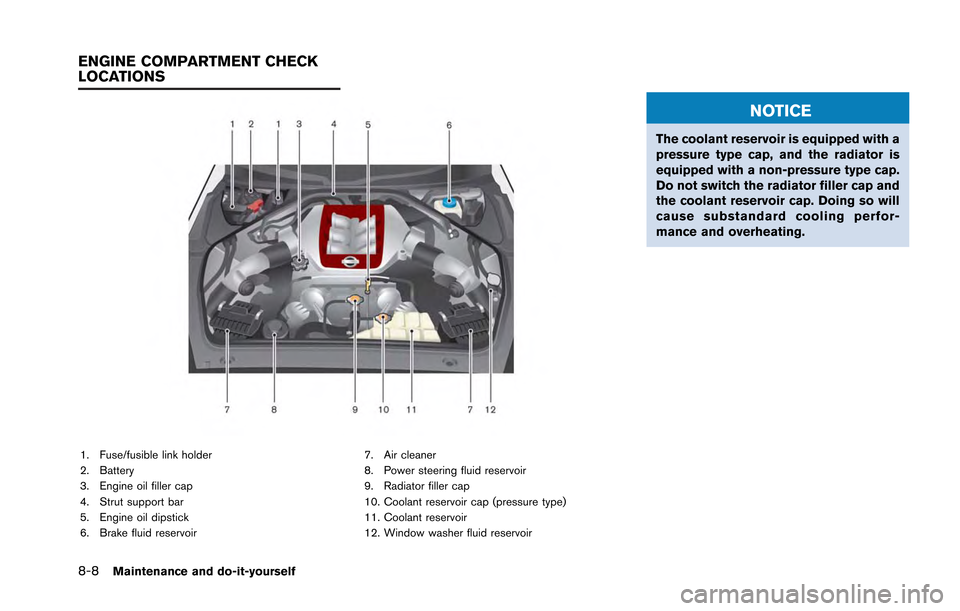 NISSAN GT-R 2013 R35 Service Manual 8-8Maintenance and do-it-yourself
1. Fuse/fusible link holder
2. Battery
3. Engine oil filler cap
4. Strut support bar
5. Engine oil dipstick
6. Brake fluid reservoir7. Air cleaner
8. Power steering f