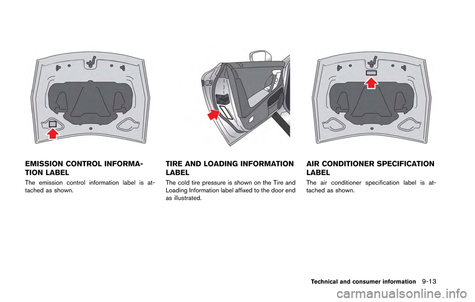 NISSAN GT-R 2013 R35 Service Manual EMISSION CONTROL INFORMA-
TION LABEL
The emission control information label is at-
tached as shown.
TIRE AND LOADING INFORMATION
LABEL
The cold tire pressure is shown on the Tire and
Loading Informati
