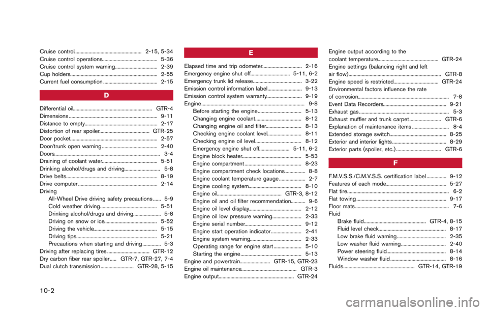 NISSAN GT-R 2013 R35 Repair Manual 10-2
Cruise control................................................... 2-15, 5-34
Cruise control operations.......................................... 5-36
Cruise control system warning................