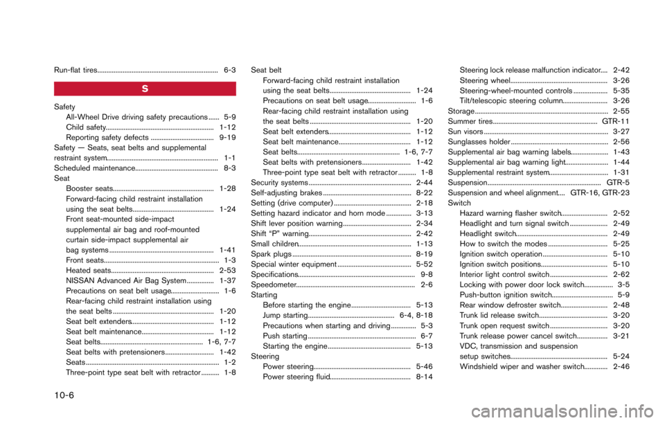 NISSAN GT-R 2013 R35 Owners Manual 10-6
Run-flat tires................................................................... 6-3
S
SafetyAll-Wheel Drive driving safety precautions ...... 5-9
Child safety...................................