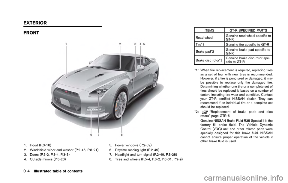 NISSAN GT-R 2013 R35 Owners Manual 0-4Illustrated table of contents
FRONT
1. Hood (P.3-18)
2. Windshield wiper and washer (P.2-46, P.8-21)
3. Doors (P.3-2, P.3-4, P.3-8)
4. Outside mirrors (P.3-28)5. Power windows (P.2-59)
6. Daytime r