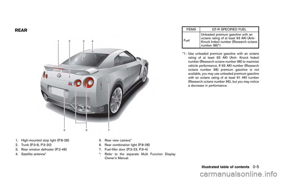 NISSAN GT-R 2013 R35 Service Manual REAR
1. High-mounted stop light (P.8-28)
2. Trunk (P.3-8, P.3-20)
3. Rear window defroster (P.2-48)
4. Satellite antenna*5. Rear view camera*
6. Rear combination light (P.8-28)
7. Fuel-filler door (P.