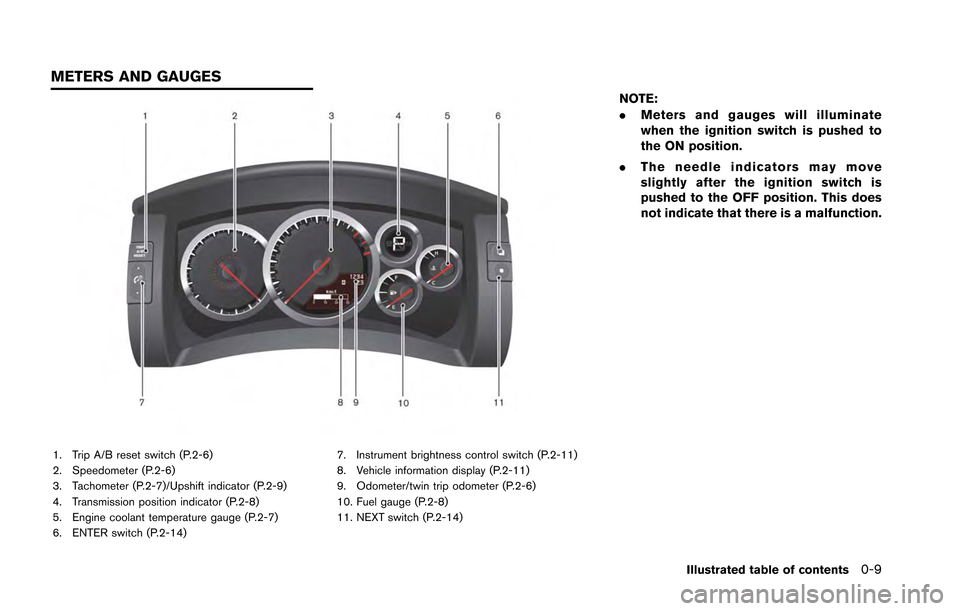 NISSAN GT-R 2013 R35 Service Manual 1. Trip A/B reset switch (P.2-6)
2. Speedometer (P.2-6)
3. Tachometer (P.2-7)/Upshift indicator (P.2-9)
4. Transmission position indicator (P.2-8)
5. Engine coolant temperature gauge (P.2-7)
6. ENTER 