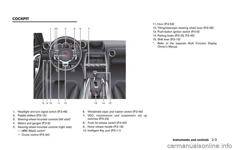 NISSAN GT-R 2013 R35 Owners Manual 1. Headlight and turn signal switch (P.2-49)
2. Paddle shifters (P.5-15)
3. Steering-wheel-mounted controls (left side)*
4. Meters and gauges (P.2-5)
5. Steering-wheel-mounted controls (right side)— NISSAN GT-R 2013 R35 Owners Manual 1. Headlight and turn signal switch (P.2-49)
2. Paddle shifters (P.5-15)
3. Steering-wheel-mounted controls (left side)*
4. Meters and gauges (P.2-5)
5. Steering-wheel-mounted controls (right side)—