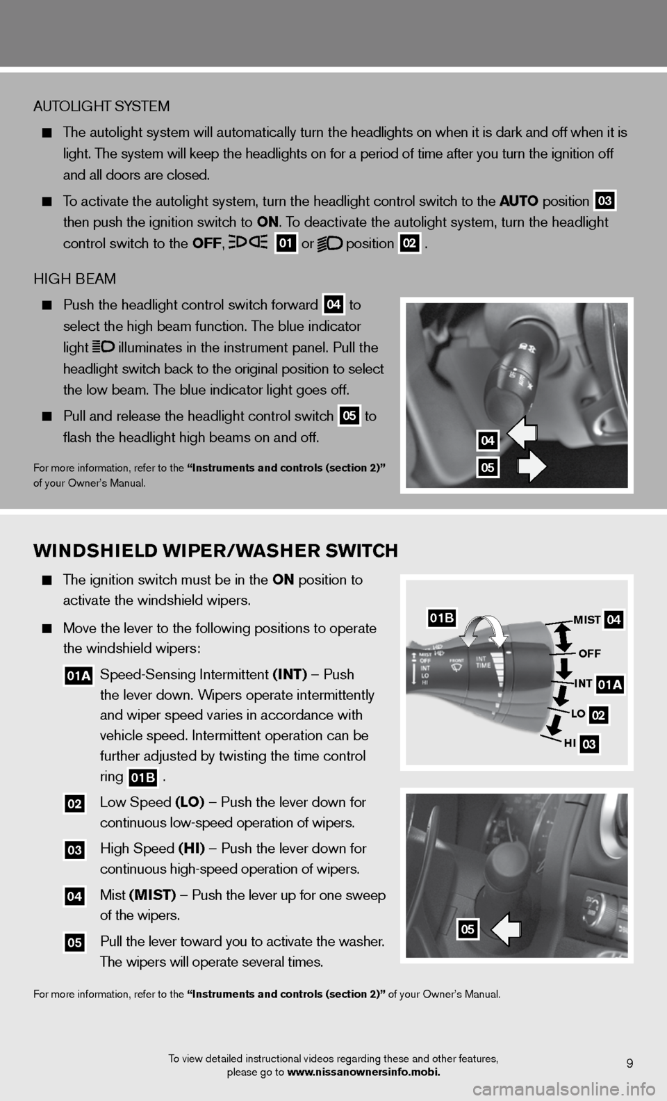 NISSAN GT-R 2013 R35 Quick Reference Guide wiNDShielD wiPer/waSher  Swi Tch
   The ignition switch must be in the oN position to 
    activate the windshield wipers.   
 
  Move the lever to the following positions to operate 
    the windshie