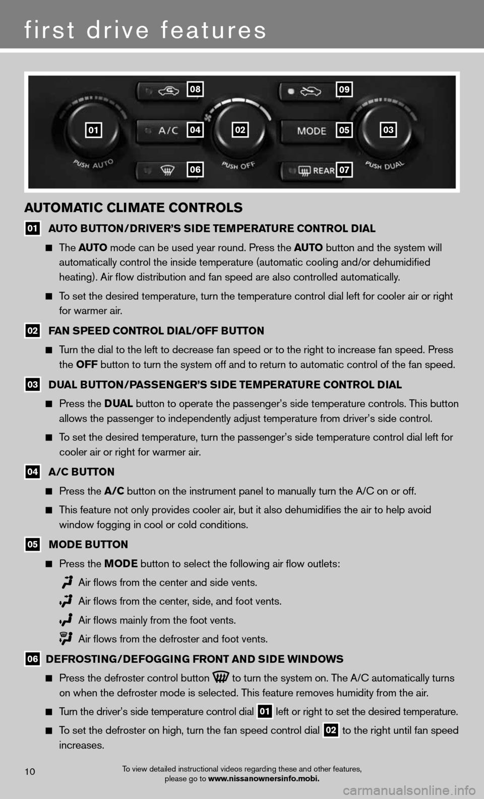 NISSAN GT-R 2013 R35 Quick Reference Guide first drive features
auToMa Tic cli MaTe coNTrolS
01  auT
o BuTT oN/D river’S S iD e Te MPera Ture coNTrol D ial
  
 The  auTo  mode can be used year round. Press the au To  button and the system wi