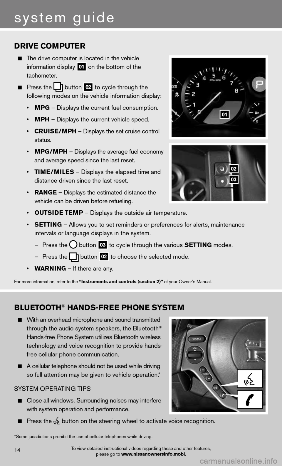 NISSAN GT-R 2013 R35 Quick Reference Guide Drive coMPuTer
   The drive computer is located in the vehicle   
    information display
 
01 on the bottom of the 
 
   tachometer.   
 
  Press the
  button
 02 to cycle through the  
    following