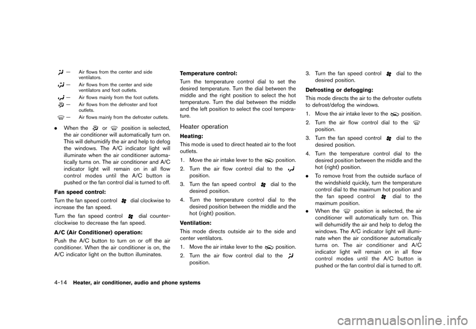 NISSAN JUKE 2013 F15 / 1.G Owners Manual Black plate (158,1)
[ Edit: 2012/ 6/ 29 Model: F15-D ]
4-14Heater, air conditioner, audio and phone systems
— Air flows from the center and sideventilators.
— Air flows from the center and sideven