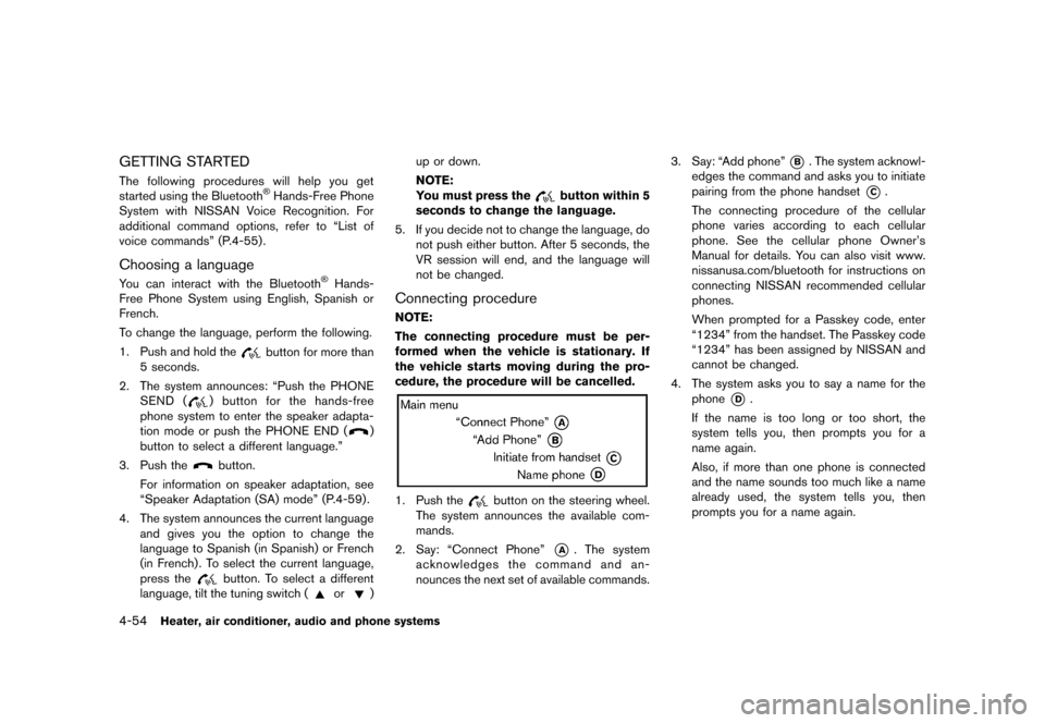 NISSAN JUKE 2013 F15 / 1.G Owners Manual Black plate (198,1)
[ Edit: 2012/ 6/ 29 Model: F15-D ]
4-54Heater, air conditioner, audio and phone systems
GETTING STARTEDGUID-956E5545-DFA7-4BE5-A8D1-99A610744BD0The following procedures will help y