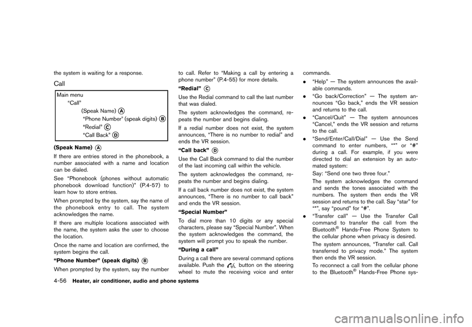 NISSAN JUKE 2013 F15 / 1.G Owners Manual Black plate (200,1)
[ Edit: 2012/ 6/ 29 Model: F15-D ]
4-56Heater, air conditioner, audio and phone systems
the system is waiting for a response.
CallGUID-6D9D2E2F-FD9D-46EB-9BC9-2E3527809692
JI0189
(