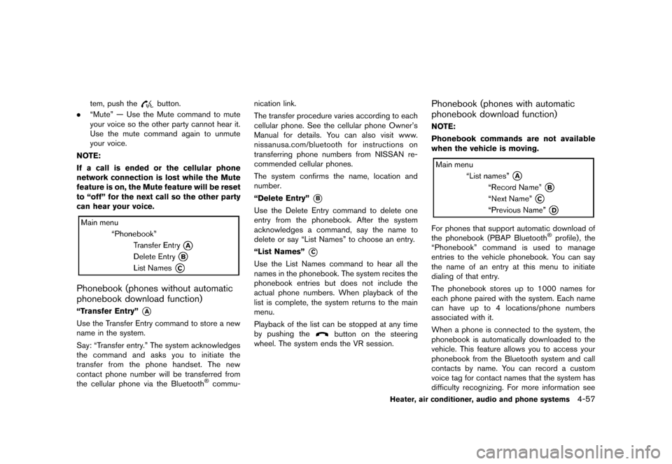 NISSAN JUKE 2013 F15 / 1.G Owners Manual Black plate (201,1)
[ Edit: 2012/ 6/ 29 Model: F15-D ]
tem, push thebutton.
. “Mute” — Use the Mute command to mute
your voice so the other party cannot hear it.
Use the mute command again to un