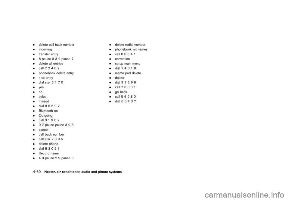 NISSAN JUKE 2013 F15 / 1.G Owners Manual Black plate (204,1)
[ Edit: 2012/ 6/ 29 Model: F15-D ]
4-60Heater, air conditioner, audio and phone systems
.delete call back number
. incoming
. transfer entry
. 8 pause 9 3 2 pause 7
. delete all en