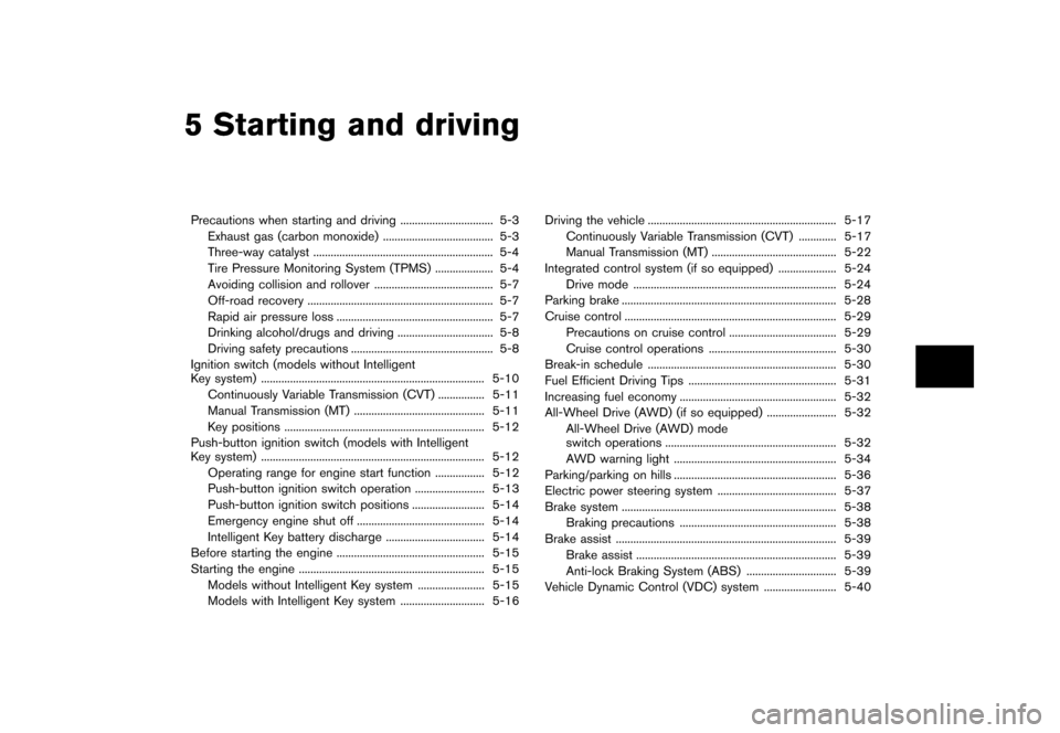 NISSAN JUKE 2013 F15 / 1.G Owners Manual Black plate (207,1)
[ Edit: 2012/ 6/ 29 Model: F15-D ]
5 Starting and driving
Precautions when starting and driving...
................................ 5-3
Exhaust gas (carbon monoxide) ...
..........