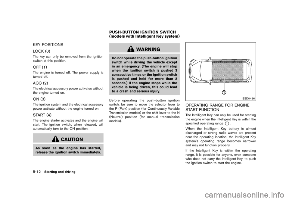 NISSAN JUKE 2013 F15 / 1.G Owners Manual Black plate (218,1)
[ Edit: 2012/ 6/ 29 Model: F15-D ]
5-12Starting and driving
KEY POSITIONSGUID-C54ED564-3936-4896-8B08-FF272B2C52F9
LOCK (0)GUID-901559AD-A617-43F8-BF46-2DEF7AF312B3The key can only