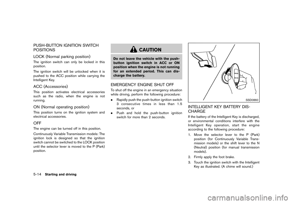 NISSAN JUKE 2013 F15 / 1.G Owners Manual Black plate (220,1)
[ Edit: 2012/ 6/ 29 Model: F15-D ]
5-14Starting and driving
PUSH-BUTTON IGNITION SWITCH
POSITIONS
GUID-974D7B79-BED6-4F09-AB6E-A579BEDC09E3
LOCK (Normal parking position)GUID-5A2EA