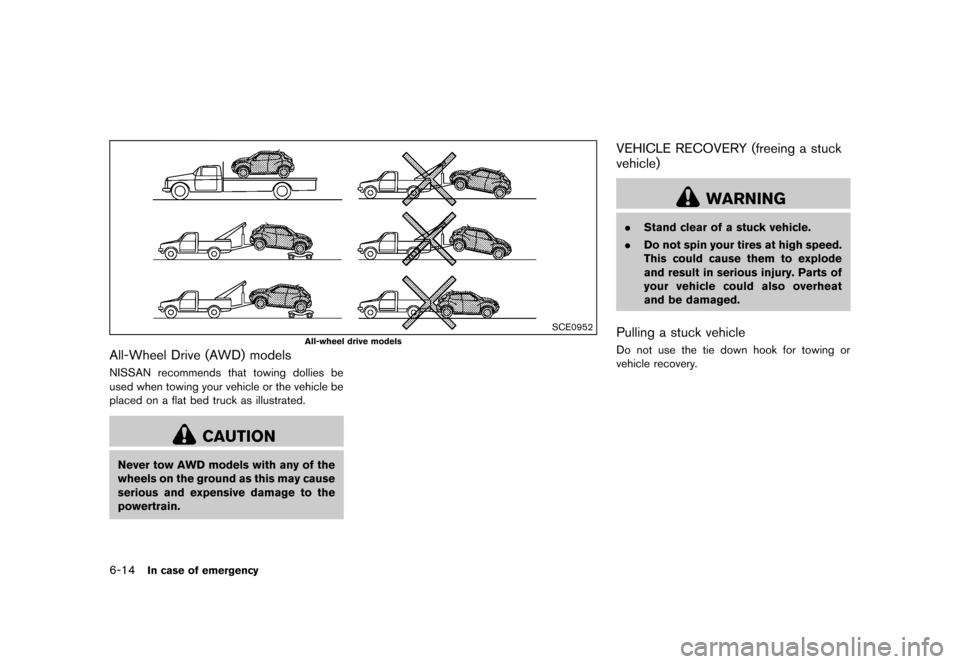 NISSAN JUKE 2013 F15 / 1.G Owners Manual Black plate (264,1)
[ Edit: 2012/ 6/ 29 Model: F15-D ]
6-14In case of emergency
SCE0952
All-wheel drive models
All-Wheel Drive (AWD) modelsGUID-F1452A8C-FBB7-4968-A917-24030A5251A3NISSAN recommends th