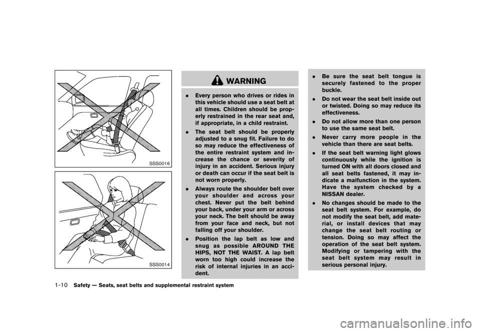 NISSAN JUKE 2013 F15 / 1.G Owners Manual Black plate (26,1)
[ Edit: 2012/ 6/ 29 Model: F15-D ]
1-10Safety — Seats, seat belts and supplemental restraint system
SSS0016
SSS0014
WARNING
.Every person who drives or rides in
this vehicle shoul