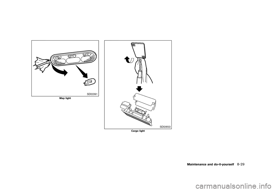NISSAN JUKE 2013 F15 / 1.G Owners Manual Black plate (305,1)
[ Edit: 2012/ 6/ 29 Model: F15-D ]
SDI2391
Map light
SDI2653
Cargo light
Maintenance and do-it-yourself8-29
Condition: 