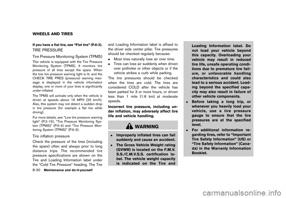 NISSAN JUKE 2013 F15 / 1.G Owners Manual Black plate (306,1)
[ Edit: 2012/ 6/ 29 Model: F15-D ]
8-30Maintenance and do-it-yourself
GUID-F6BA5101-9D22-47BE-BE64-1C192428380DIf you have a flat tire, see “Flat tire” (P.6-3) .
TIRE PRESSUREG