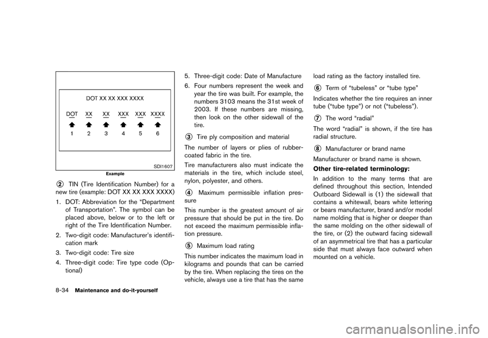 NISSAN JUKE 2013 F15 / 1.G User Guide Black plate (310,1)
[ Edit: 2012/ 6/ 29 Model: F15-D ]
8-34Maintenance and do-it-yourself
SDI1607
Example
*2TIN (Tire Identification Number) for a
new tire (example: DOT XX XX XXX XXXX)
1. DOT: Abbrev
