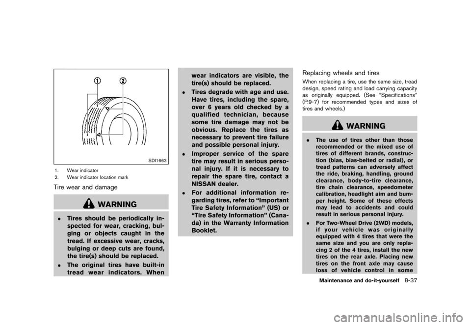 NISSAN JUKE 2013 F15 / 1.G Owners Manual Black plate (313,1)
[ Edit: 2012/ 6/ 29 Model: F15-D ]
SDI1663
1. Wear indicator
2. Wear indicator location mark
Tire wear and damageGUID-31749D32-974E-4A82-89B7-A06D0BF3E07F
WARNING
.Tires should be 